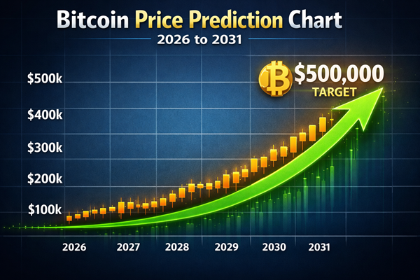 Bitcoin price prediction chart 2026 to 2031 showing growth to $500,000