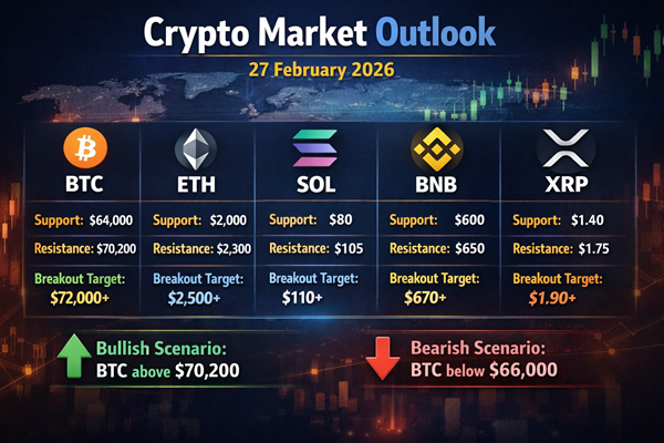 Crypto Market Forecast 27 Feb 2026 - BTC, ETH, SOL, BNB & XRP Outlook