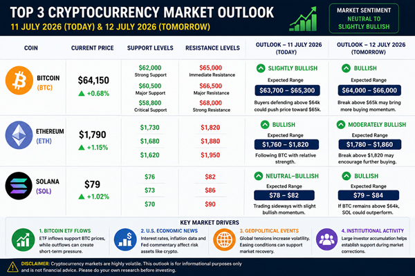 Top 3 Crypto Market Outlook Today & Tomorrow (11–12 July 2026) BTC, ETH, SOL Analysis